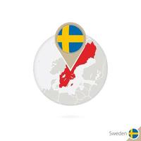 sverigekarta och flagga i cirkel. karta över sverige, sverige flaggnål. sverigekarta i stil med världen. vektor