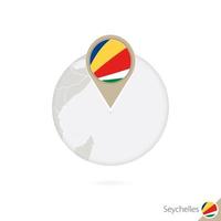 Seychellerna karta och flagga i cirkel. karta över seychellerna, seychellerna flaggnål. karta över seychellerna i stil med världen. vektor