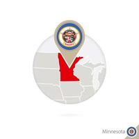 minnesota us stat karta och flagga i cirkel. karta över minnesota, minnesota flaggnål. karta över minnesota i stil med världen. vektor