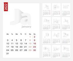 kalender 2022 mall, minimalistisk kalenderuppsättning för 2022 år. vektor