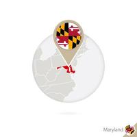 Maryland us state karta och flagga i cirkel. karta över maryland, maryland flagga nål. karta över Maryland i stil med världen. vektor