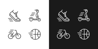 perfekte lineare symbole für sportaktivitätspixel, die für den dunklen, hellen modus eingestellt sind. Basketball spielen. Fahrrad fahren. Freizeit. dünne liniensymbole für nacht, tag thema. isolierte Illustrationen. editierbarer Strich vektor