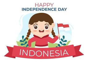 Indonesiens självständighetsdag den 17 augusti med traditionella spel, flagga röd vit och människor karaktär i platt söt tecknad bakgrundsillustration vektor