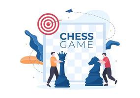 schackbrädspel tecknad bakgrundsillustration med två personer som sitter mittemot varandra och spelar för hobbyaktivitet i platt stil vektor