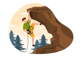 bergsklättring tecknad illustration med klättrare klättrar vägg eller bergig klippa använder utrustning på en naturlandskapsbakgrund vektor
