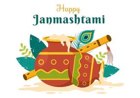 glad krishna janmashtami festival i Indien med bansuri och flöjt, dahi handi och påfågelfjäder i platt söt tecknad bakgrundsillustration vektor
