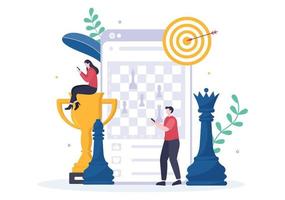 Online-Schach-Brettspiel-Cartoon-Hintergrundillustration mit zwei Personen, die sich gegenübersitzen und für Hobby-Aktivitäten im flachen Stil spielen vektor