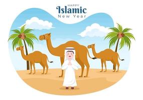 islamisk nyårsdag eller 1 muharram vektorbakgrundsillustration av muslimsk familj som firar kan användas för gratulationskort eller inbjudan vektor