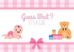 geburtsfoto ist es ein mädchen mit einem babybild und einer rosafarbenen hintergrundkarikaturillustration für grußkarte oder schild vektor