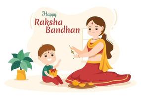 glückliche raksha bandhan cartoon illustration mit schwester, die rakhi am handgelenk ihres bruders bindet, um die bande der liebe in der indischen festfeier zu bedeuten vektor