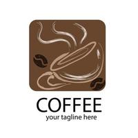 varmt kaffe logotyp med kopp och kaffebönor på sidan vektor