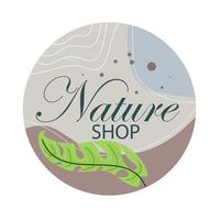 Nature Shop-Logo mit grünen Monstera-Blättern auf einem gemischten grauen und blauen Hintergrund vektor