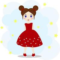 süßes kleines Mädchen mit braunen Haaren in einem roten Kleid mit weißen Tupfen vektor