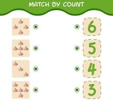 Übereinstimmung durch Anzahl von Cartoon-Knoblauch. Match-and-Count-Spiel. Lernspiel für Kinder und Kleinkinder im Vorschulalter vektor