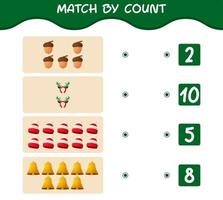 Übereinstimmung durch Anzahl von Cartoon-Weihnachten. . Match-and-Count-Spiel. Lernspiel für Kinder und Kleinkinder im Vorschulalter vektor