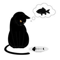 svart katt sitter och tittar på en tallrik med ett fiskskelett. en hungrig katt drömmer om en fisk. katten åt upp fisken och tittar på skelettet. t-shirt tryck. vektor illustration isolerad på vit bakgrund