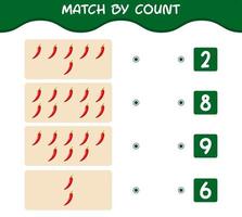 Übereinstimmung durch Zählung der roten Chilischoten der Karikatur. Match-and-Count-Spiel. Lernspiel für Kinder und Kleinkinder im Vorschulalter vektor