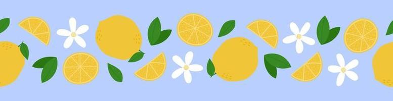 citron sömlös kant. hela citroner, skivor, blad och blommor på blå bakgrund vektor