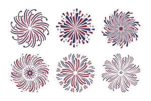 handritade fyrverkerier set, röd och blå färg på amerikanska flaggan för 4 juli. festivalfyrverkeriexplosioner. designelement vektor samling isolerad på vit bakgrund.