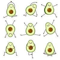 Avocado-Yoga. Satz Avocado-Charakterdesign auf weißem Hintergrund. Yoga für Schwangere. Morgengymnastik für Kinder. niedliche illustration für grußkarten, aufkleber, stoffe, webseiten und drucke. vektor