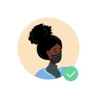 kvinnlig avatar med ansiktsmask. afrikansk kvinna som läkare eller sjuksköterska. karantän och social distansering. coronavirus-epidemi. vektor illustration i platt tecknad stil.