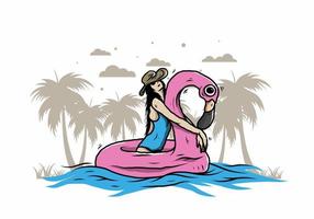 tragender strandhut des mädchens in einer aufblasbaren rettungsringflamingoillustration vektor