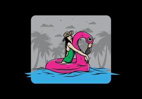 tragender strandhut des mädchens in einer aufblasbaren rettungsringflamingoillustration vektor