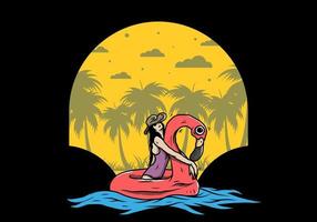 tragender strandhut des mädchens in einer aufblasbaren rettungsringflamingoillustration vektor