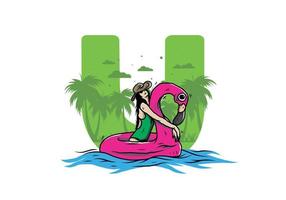 tragender strandhut des mädchens in einer aufblasbaren rettungsringflamingoillustration vektor