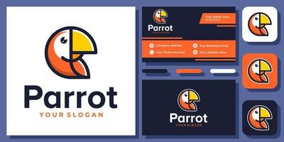 söt enkel papegojafågeldjur tecknad platt illustration logotypdesign med visitkortsmall vektor