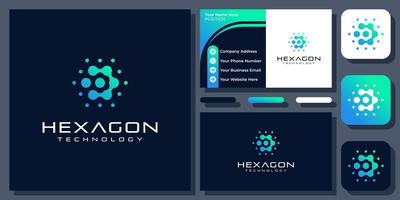 hexagon connect teknologi digital anslutning innovation block vektor logotyp design med visitkort