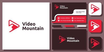 Berg-Video-Peak-Play-Button Abenteuerfilmlandschaft Kino-Vektor-Logo-Design mit Visitenkarte vektor