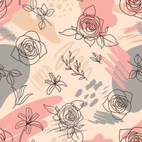 Blumen Rosen Linienmuster. Linienillustrationen mit Klecksen. Bleistiftzeichnung auf rosa und grauer Farbe. vektor