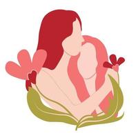 kramar av mamma och dotter. vektor stock illustration. glädjefyllt firande av glad mors dag, en mamma med en bebis i famnen, omgiven av blommor