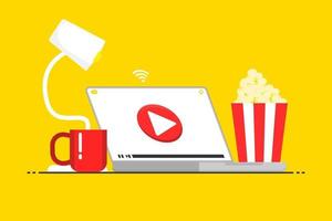 Laptop, der Video online abspielt, Vektordesign-Livestream auf Laptop mit rotem Becher, Popcorn und Lampe ist Elemente, Marketingillustration online. vektor