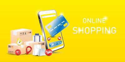 Vektor erstellen Online-Shopping-Design, Online-Shopping auf dem Smartphone mit Produktstapel, digitale Marketingillustration.