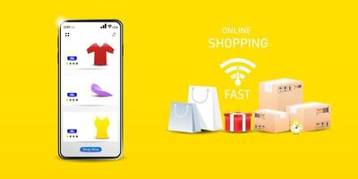 Vektorschnelles Online-Shopping-Design, Online-Shopping auf dem Smartphone mit Wertschätzungsverkaufsprodukten, Illustration des digitalen Marketings. vektor