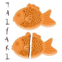 illustration av japansk taiyaki dessert. fiskformad dessert med fyllning av röda bönor. vektor