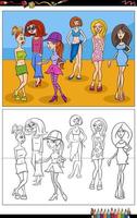 roliga tecknade flickor eller kvinnor grupp målarbok vektor