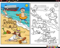 tecknade barn tillbringar semester på stranden målarbok vektor