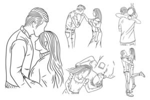 set bündel linie kunst zeichnung einfach paar liebe junge und mädchen küssen hand gezeichnet vektor
