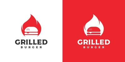 hamburgare med eld, grillad hamburgare logotyp design vektor