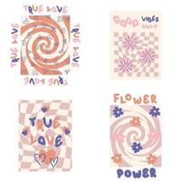 Slogan-Prints mit grooviger Blumenkollektion im Stil der 1970er Jahre. Hippie-ästhetische Aufkleber für T-Shirts, Textilien und Stoffe. vektor