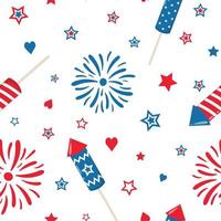 4. Juli Feuerwerk und Wunderkerzen auf weißem Hintergrund. unabhängigkeitstag dekoration party design. Vektor nahtlose Muster.