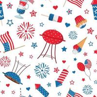 4 juli, patriotiska festliga grillfest seamless mönster. isolerad på en vit bakgrund. design med temat amerikansk självständighetsdagen. vektor