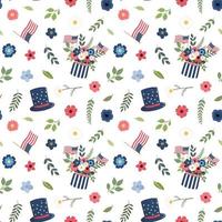 amerikanska självständighetsdagen sömlösa blommönster med hög hatt, flaggor, blommor i nationella färger. isolerad på vit bakgrund. 4th juli patriotisk themed design. vektor