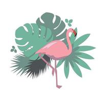 sommarillustration med en ljusrosa flamingo och tropiska löv vektor