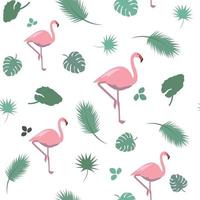 niedlicher flamingo der karikatur und tropisches blattmuster vektor