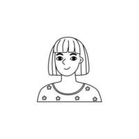 porträtt av flicka på vit bakgrund i doodle stil, skiss, kontur. den unga kvinnan ler. vektor