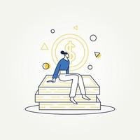 moderne Linie Webdesignillustration der Kunst flache der Frau sitzend auf einem Stapel Geld. einfache minimalistische zahlung, geldüberweisung, flaches illustrationskonzept der rückerstattung vektor